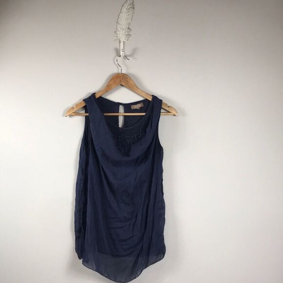 Carla Conti Italian Silk & Crochet Overlay Navy Boho Tank Top - Picture 1 of 5